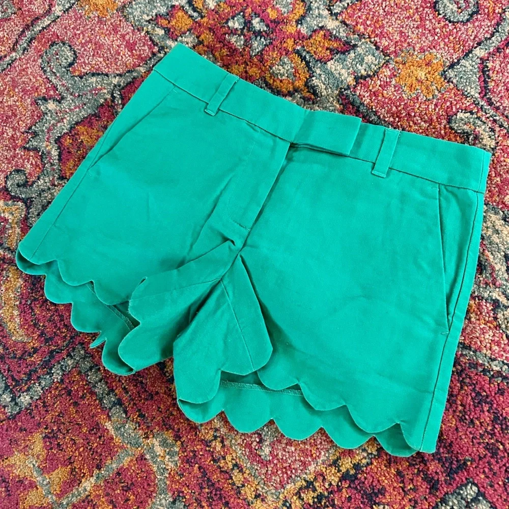 J. Crew | Women’s Green Linen Blend Scalloped Hem Shorts Size 0